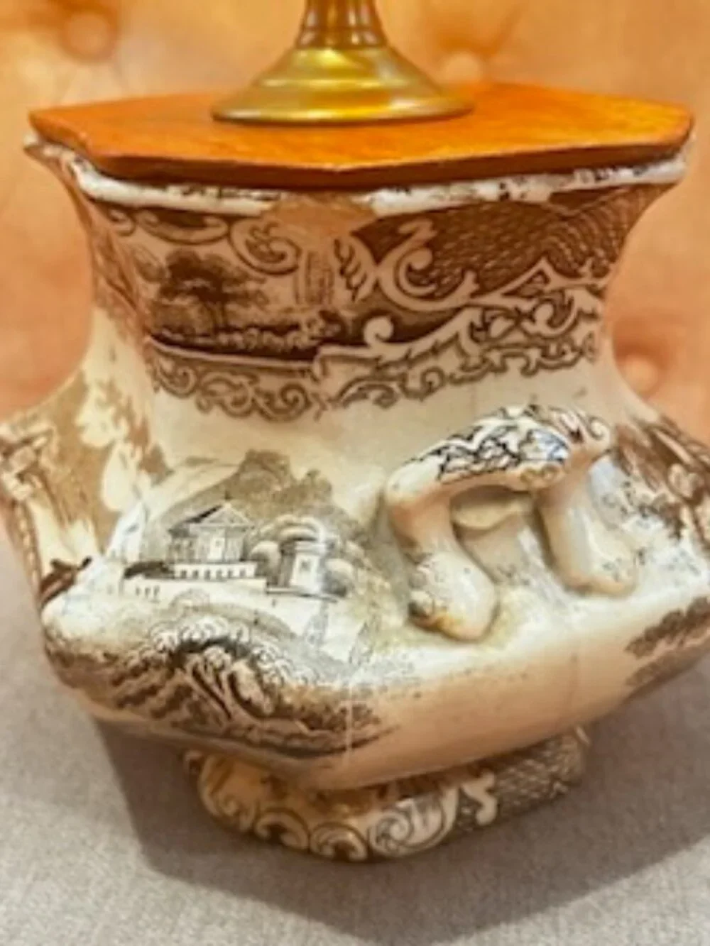 Rare Antique 19th Century English Brown Transferware Pastoral Scene Lamp Base